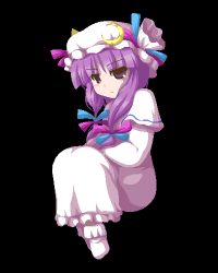 Rule 34 | 1girl, black background, blue bow, bow, capelet, crescent, dress, expressionless, female focus, frills, fukaiton, hair bow, hat, jitome, knees up, long sleeves, lowres, mob cap, multiple hair bows, oekaki, patchouli knowledge, pink bow, red bow, sidelocks, simple background, solo, touhou, white dress