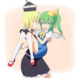Rule 34 | 2girls, blonde hair, blue dress, bow, carrying, cato (monocatienus), daiyousei, dress, fairy wings, gradient background, green eyes, green hair, hair ribbon, hat, lunasa prismriver, multiple girls, open mouth, princess carry, puffy short sleeves, puffy sleeves, ribbon, shirt, short sleeves, side ponytail, skirt, skirt set, smile, touhou, vest, wings
