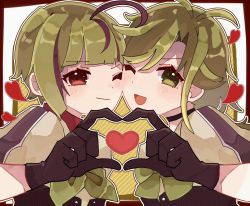 Rule 34 | 2girls, ahoge, antenna hair, black choker, black gloves, blush, cheek-to-cheek, choker, gloves, green eyes, green neckwear, hagino chihiro, heads together, heart, heart hands, heart hands duo, highres, kantai collection, matsu (kancolle), multicolored hair, multiple girls, one-hour drawing challenge, one eye closed, open mouth, purple hair, short hair, smile, streaked hair, take (kancolle), upper body