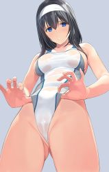 Rule 34 | 1girl, black hair, blue eyes, breasts, cameltoe, cleft of venus, clothes pull, cowboy shot, fingernails, frontal wedgie, grey background, hair between eyes, hairband, highres, idolmaster, idolmaster cinderella girls, light frown, long hair, looking at viewer, medium breasts, mibu natsuki, one-piece swimsuit, one-piece swimsuit pull, parted lips, pulling own clothes, sagisawa fumika, see-through, simple background, solo, standing, swimsuit, wedgie, wet, wet clothes, wet swimsuit