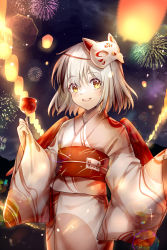 Rule 34 | 1girl, :d, akinomiya asuka, alternate costume, arms up, black hair, blush, candy apple, cowboy shot, fireworks, food, fox mask, hair ornament, highres, holding, holding food, hollow song of birds, japanese clothes, kimono, lantern, lens flare, looking at viewer, mask, mountainous horizon, multicolored clothes, multicolored hair, night, night sky, open mouth, print kimono, red wings, sash, short hair, sky, smile, solo, sparkle, standing, star (sky), summer festival, torisumi horou, two-tone hair, white hair, wings, yellow eyes