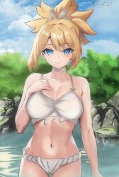 Rule 34 | 1girl, bikini, blonde hair, blue eyes, blush, breasts, choker, cleavage, cloud, collarbone, dr. stone, edkas, fundoshi, hand on own chest, highres, japanese clothes, kohaku (dr. stone), large breasts, looking at viewer, navel, river, rock, self-upload, sky, smile, standing, swimsuit, water, wet, white bikini