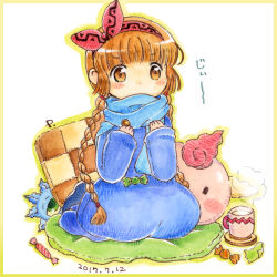 Rule 34 | 1girl, blanket, blue robe, blue scarf, border, braid, brown hair, candy, character pillow, covered mouth, cup, drink, food, gipple, graphite (medium), hairband, kukuri (mahoujin guruguru), looking at viewer, mahoujin guruguru, mechanical pencil, mug, pencil, pillow, pink hairband, popurieru, robe, scarf, sitting, solo, staff, steam, traditional media, twin braids, watercolor pencil (medium), wrapped candy, yellow border