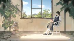 Rule 34 | 1girl, absurdres, black dress, black footwear, black hair, blue sky, book, book stack, chair, closed mouth, cloud, commentary request, dress, highres, holding, holding book, indoors, kneehighs, loafers, long hair, long sleeves, neck ribbon, original, overgrown, reading, red ribbon, ribbon, scenery, shadow, shirt, shoes, sitting, sky, sleeveless, sleeveless shirt, socks, solo, tftady, watermark, white shirt, white socks, wide shot, window