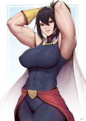 Rule 34 | 1girl, absurdres, arms behind head, arms up, bare shoulders, black hair, blue bodysuit, blue eyes, bodysuit, boku no hero academia, breasts, cape, covered abs, covered navel, gloves, hair between eyes, highres, large breasts, long hair, looking at viewer, muscular, muscular female, parted lips, shimura nana, signature, sleeveless, sleeveless bodysuit, smile, solo, speedl00ver, taut bodysuit, waist cape, white cape, yellow gloves
