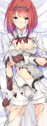 Rule 34 | 1girl, ark royal (kancolle), bed sheet, belt, belt buckle, blue eyes, brown gloves, buckle, buttons, commentary request, corset, fingerless gloves, fingernails, gloves, hairband, highres, kantai collection, kobayashi chisato, long sleeves, pantyhose, red hair, short hair, solo, tiara, torn clothes, torn pantyhose, white corset, white pantyhose