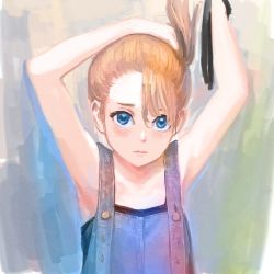Rule 34 | 1girl, armpits, arms up, bare shoulders, black camisole, black ribbon, blue eyes, blush, buttons, camisole, flat chest, light brown hair, looking at viewer, nazo no anime-dan, original, overalls, ribbon, tying hair, upper body