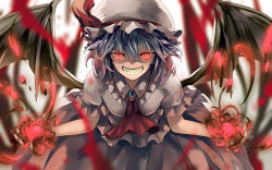 Rule 34 | 1girl, ascot, bat wings, blood, blouse, blue hair, blurry, brooch, clenched teeth, collar, depth of field, energy, eredhen, evil grin, evil smile, fingernails, frilled collar, frilled shirt collar, frills, glowing, glowing eyes, gradient hair, grin, hair between eyes, hat, hat ribbon, hemokinesis, jewelry, light purple hair, long fingernails, looking at viewer, mob cap, multicolored hair, nail polish, open hands, orb, outstretched wings, pink skirt, pointy ears, powering up, puffy short sleeves, puffy sleeves, red hair, red nails, remilia scarlet, ribbon, sharp teeth, shirt, short hair, short sleeves, skirt, skirt set, slit pupils, smile, solo, teeth, touhou, vampire, wings