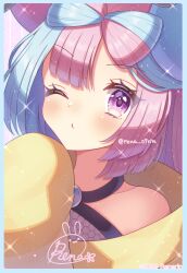 Rule 34 | 1girl, blush, border, closed mouth, commentary request, creatures (company), eyelashes, game freak, green hair, grey shirt, hand up, highres, iono (pokemon), jacket, long hair, looking at viewer, nintendo, one eye closed, pink hair, pokemon, pokemon sv, purple eyes, rena rin, shirt, signature, sleeveless, sleeveless shirt, solo, sparkle, yellow jacket
