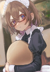 Rule 34 | 1girl, :t, blurry, blurry background, blush, brown hair, collared dress, dress, fang, glasses, highres, holding, holding tray, juliet sleeves, light particles, long sleeves, looking at viewer, maid, maid headdress, naname (7name), original, puffy sleeves, purple eyes, red-framed eyewear, short hair, skin fang, solo, sweat, thick eyebrows, tray, upper body