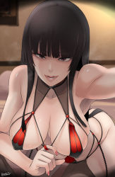 Rule 34 | 1girl, absurdly long hair, bare shoulders, bikini, black hair, blunt bangs, blush, breasts, butcha-u, clothes pull, collarbone, covered erect nipples, dead or alive, dead or alive 5, disembodied limb, fingernails, heavy breathing, highres, hime cut, indoors, large breasts, licking lips, long hair, looking at viewer, mole, mole under mouth, nail polish, naughty face, nyotengu, on bed, one-piece swimsuit pull, open mouth, pov, pulled by self, purple eyes, red bikini, red nails, smile, solo focus, swimsuit, tongue, tongue out, very long hair
