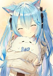 Rule 34 | 1girl, ahoge, animal, animal ear fluff, animal ears, animal hug, black ribbon, blue hair, blush, brown cardigan, cardigan, cat ears, closed eyes, closed mouth, commentary request, elf, extra ears, hair between eyes, hair ribbon, heart, heart ahoge, highres, hololive, long hair, long sleeves, mugicho (kdks5554), multicolored hair, pointy ears, ribbon, sleeves past wrists, smile, solo, streaked hair, two side up, upper body, very long hair, virtual youtuber, yukihana lamy, yukihana lamy (casual), yukimin (yukihana lamy)