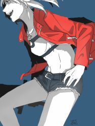Rule 34 | 1girl, abs, bandeau, belt, blue background, clarent (fate), dated, denim, denim shorts, fate/grand order, fate (series), from side, grey hair, hand on own hip, head out of frame, highres, jacket, jewelry, limited palette, midriff, mordred (fate), mordred (fate/apocrypha), mordred (memories at trifas) (fate), necklace, partially colored, red jacket, shorts, signature, sketch, smile, solo, worthlessvalor