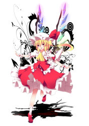 Rule 34 | 1girl, ascot, bad id, bad pixiv id, blonde hair, blush, bow, dress, embodiment of scarlet devil, fang, female focus, flandre scarlet, hat, kurono yuzuko, open mouth, red eyes, ribbon, shadow, short hair, side ponytail, skirt, smile, solo, touhou, wings, wrist cuffs