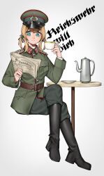 Rule 34 | 1girl, aqua eyes, belt, black footwear, blonde hair, boots, brown belt, buttons, cup, epaulettes, german army, hat, highres, holding, holding cup, holding newspaper, knee boots, military, military hat, military uniform, newspaper, original, pzkpfwi, saucer, sitting, table, teacup, teapot, uniform