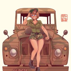 Rule 34 | 1girl, absurdres, artist name, beret, blue eyes, blush, breasts, brown hair, camouflage, camouflage shorts, cleavage cutout, clothing cutout, commission, hat, highres, land rover, license plate, original, shorts, smile, solo, sports utility vehicle, thighs, willy pete