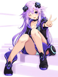 Rule 34 | 1girl, adult neptune, bare legs, blush, breasts, choker, cleavage, commentary request, d-pad, d-pad hair ornament, full body, hair between eyes, hair ornament, hood, hooded jacket, iwashi dorobou -r-, jacket, long hair, looking at viewer, medium breasts, neptune (series), one eye closed, open mouth, panties, purple eyes, purple hair, shin jigen game neptune vii, sitting, smile, solo, striped clothes, striped panties, underwear, v, very long hair