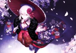 Rule 34 | 1girl, absurdres, artoria pendragon (all), artoria pendragon (fate), blonde hair, braid, breasts, cherry blossoms, cleavage, collarbone, dress, expressionless, falling petals, fate/stay night, fate (series), feather boa, floral print, flower, french braid, from above, fur trim, hair between eyes, hair flower, hair ornament, hair ribbon, highres, holding, holding umbrella, huge filesize, japanese clothes, kimono, long hair, long sleeves, looking at viewer, mashima saki (mashimasa), medium breasts, obi, official alternate costume, oil-paper umbrella, pale skin, petals, purple kimono, red flower, red ribbon, red umbrella, ribbon, saber alter, sandals, sash, short hair, silver hair, socks, solo, standing, umbrella, white flower, white socks, wide sleeves, yellow eyes