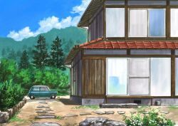 Rule 34 | absurdres, blue sky, building, bush, car, cloud, day, forest, grass, highres, hirota (masasiv3), house, mini cooper, motor vehicle, mountain, nature, no humans, outdoors, road, scenery, sky, stone, window