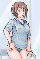 Rule 34 | 00s, brown eyes, brown hair, aged up, rozen maiden, shirt, short hair, solo, souseiseki, swimsuit, swimsuit under clothes, tsuda nanafushi, watch, whistle, wristwatch