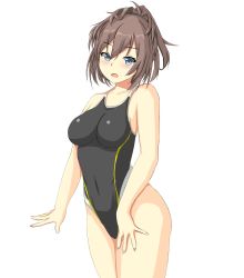 Rule 34 | 1girl, black one-piece swimsuit, blue eyes, brown hair, commentary request, competition swimsuit, cowboy shot, hair between eyes, highres, impossible clothes, impossible swimsuit, kantai collection, long hair, montemasa, one-piece swimsuit, open mouth, sheffield (kancolle), simple background, solo, standing, swimsuit, white background