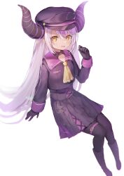 Rule 34 | 1girl, absurdres, black gloves, black pantyhose, boots, braid, braided bangs, commentary request, cross, gloves, hair between eyes, hat, heart, highres, hololive, horns, la+ darknesss, long hair, long sleeves, looking at viewer, medium skirt, multicolored hair, neckerchief, pantyhose, parted lips, peaked cap, pleated skirt, pointy ears, purple hair, ririru, sailor collar, simple background, sitting, skirt, sleeve cuffs, smile, solo, streaked hair, striped horns, thigh strap, very long hair, virtual youtuber, white background, white hair, yellow eyes, yellow neckerchief