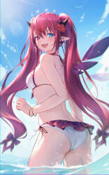 Rule 34 | 1girl, :d, absurdres, ass, bikini, blue eyes, blue sky, breasts, cowboy shot, floating hair, flower, hair flower, hair ornament, halo, heterochromia, highres, hololive, hololive english, horns, irys (hololive), long hair, looking back, medium breasts, open mouth, outdoors, purple eyes, red flower, red hair, sky, smile, solo, swimsuit, tokisaka makoto, twintails, very long hair, virtual youtuber, white bikini, wings