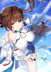 Rule 34 | 1girl, absurdres, blue sky, breasts, brown eyes, brown hair, china dress, chinese clothes, cleavage, cleavage cutout, closed mouth, clothing cutout, cloud, cloudy sky, dress, elbow gloves, fingerless gloves, gloves, hair ornament, hamilundenongdizhe, highres, honkai (series), honkai impact 3rd, large breasts, li sushang, li sushang (jade knight), long hair, looking at viewer, sky, smile, solo, sword, weapon, white dress, white gloves