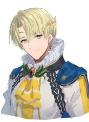 Rule 34 | 1boy, alfred (fire emblem), ascot, blonde hair, blue cape, cape, closed mouth, fire emblem, fire emblem engage, hair between eyes, highres, looking at viewer, male focus, nintendo, short hair, smile, solo, tomo shirasu, upper body, white background, yellow ascot, yellow eyes