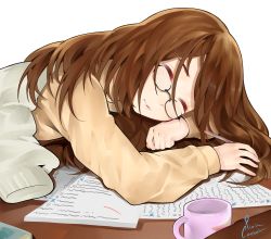 Rule 34 | 1girl, absurdres, artist name, blouse, brown hair, closed mouth, coffee mug, commentary, cup, closed eyes, glasses, highres, holding, holding pen, jacket, jacket on shoulders, k-on!, long hair, long sleeves, mug, paper, pen, piancaesar, shirt, simple background, sleeping, solo, sweater, teacher, watermark, white background, white sweater, yamanaka sawako, yellow shirt