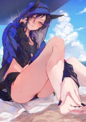 Rule 34 | 1girl, adjusting clothes, air shakur (umamusume), alternate costume, animal ears, barefoot, beach, beach towel, bikini, black bikini, black hair, black nails, blue hoodie, blue sky, blush, closed mouth, commentary request, corrupted twitter file, ears through hood, feet, hair between eyes, hands on feet, highres, hood, hood up, hoodie, horse ears, horse girl, horse tail, knee up, long hair, long sleeves, looking at viewer, nail polish, navel, on ground, open clothes, open hoodie, sand, sky, solo, swimsuit, tail, toenail polish, toenails, toes, towel, tsuisatorezo, umamusume, umbrella, under umbrella, yellow eyes
