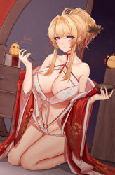 Rule 34 | 1girl, 2021, absurdres, artist name, azur lane, bare shoulders, blonde hair, breasts, chinese clothes, choker, cleavage, cleavage cutout, clothing cutout, dress, full body, glorious (azur lane), glorious (pungent plum) (azur lane), hair ornament, hair stick, highres, kanzashi, large breasts, looking at viewer, manjuu (azur lane), neck ribbon, neckwear request, night, night sky, official alternate costume, open clothes, open dress, purple eyes, red choker, red dress, ribbon, sitting, sky, solo, star (sky), starry sky, unique (pixiv12704744), wariza, wide sleeves