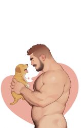 Rule 34 | 1boy, affectionate, animal, arm hair, ass, ass hair, bara, beard, belly, body hair, chest hair, closed eyes, completely nude, dog, facial hair, from side, hairy, happy, heart, heart background, highres, holding, holding animal, large pectorals, leg hair, male focus, mature male, muscular, muscular male, navel hair, nipples, nude, original, out-of-frame censoring, pectorals, short hair, solo, stomach, thick eyebrows, youtian (youtiange)