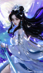 Rule 34 | 1girl, absurdres, artist request, black hair, bug, butterfly, closed mouth, dress, earrings, eye mask, facial mark, forehead mark, from side, hair bun, highres, holding, holding sword, holding weapon, insect, jewelry, long hair, long sleeves, lu xueqi (zhu xian), night, reverse grip, second-party source, solo, sword, upper body, weapon, white dress, zhu xian