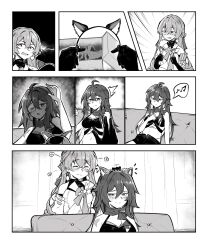 Rule 34 | 2girls, ahoge, animal ears, blush, breasts, bronya rand, butterfly tattoo, closed mouth, couch, crossed bangs, earrings, embarrassed, female pov, furrowed brow, gloves, greyscale, hair between eyes, hand on another&#039;s head, happy, headpat, highres, holding, honkai: star rail, honkai (series), indoors, jewelry, long hair, looking at viewer, md5 mismatch, medium breasts, monochrome, multiple girls, musical note, open clothes, open hand, open mouth, pov, resolution mismatch, scarf, seele (honkai: star rail), shorts, shuiro0z, shy, sitting, source smaller, speech bubble, standing, tattoo, upper body, wrist cuffs