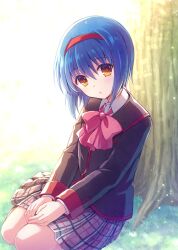 Rule 34 | 1girl, against tree, backlighting, black jacket, bloom, blue hair, blush, bow, commentary request, day, expressionless, eyes visible through hair, full body, grass, hair between eyes, hairband, head tilt, jacket, kousetsu, light particles, little busters!, long sleeves, looking at viewer, medium hair, miniskirt, nishizono mio, outdoors, own hands together, parted lips, pink bow, plaid, plaid skirt, pleated skirt, red hairband, signature, sitting, skirt, solo, tree, v arms, yellow eyes, yokozuwari