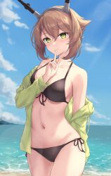 Rule 34 | 1girl, absurdres, beach, bikini, black bikini, blush, breasts, brown hair, closed mouth, collarbone, commentary request, cowboy shot, day, green eyes, green jacket, hair between eyes, headgear, highres, jacket, kantai collection, large breasts, long sleeves, monoku, mutsu (kancolle), ocean, open clothes, open jacket, outdoors, short hair, smile, solo, swimsuit