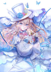 Rule 34 | 1girl, absurdres, blue butterfly, blue eyes, blue flower, blue rose, blush, bouquet, brown hair, bug, butterfly, closed mouth, dress, earrings, flower, hair between eyes, hand up, hat, highres, holding, holding bouquet, hugging object, insect, jewelry, lace-trimmed sleeves, lace trim, long hair, long sleeves, looking at viewer, original, rose, see-through, see-through sleeves, seisaiminty, sidelocks, simple background, smile, solo, top hat, upper body, watermark, wavy mouth, white background, white dress, white flower, white hat, white rose, winged hat
