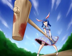 Rule 34 | 1girl, ambiguous red liquid, animal ears, blood, bloody weapon, bloomers, blue dress, blue hair, blue sky, braid, day, dress, foreshortening, gradient background, kine, kousei (public planet), mallet, multi-tied hair, puffy short sleeves, puffy sleeves, rabbit ears, red eyes, seiran (touhou), short sleeves, sky, solo, stain, sunrise stance, touhou, twin braids, underwear, weapon