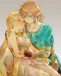 Rule 34 | 1boy, 1girl, aqua eyes, aqua tunic, arm around back, blonde hair, blush, bracer, breasts, closed eyes, dress, earrings, fingerless gloves, gloves, gold necklace, gold trim, grey background, hair between eyes, hand on another&#039;s arm, ivy60530, jewelry, link, long dress, long hair, low ponytail, medium breasts, necklace, nintendo, parted bangs, parted lips, pointy ears, princess zelda, shirt, strapless, strapless dress, sweat, the legend of zelda, the legend of zelda: breath of the wild, tunic, white dress, white shirt