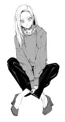 Rule 34 | 1girl, commentary request, crossed legs, expressionless, full body, greyscale, high heels, highres, hood, hoodie, long hair, looking at viewer, monochrome, original, own hands together, pants, simple background, sitting, sleeves past wrists, solo, straight-on, vice (kuronekohadokoheiku)