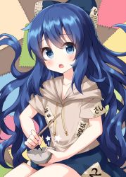 Rule 34 | 1girl, bangle, blue bow, blue eyes, blue hair, blue skirt, bow, bowl, bracelet, commentary request, damaged, drawstring, grey hoodie, hair between eyes, hair bow, highres, hood, hoodie, jewelry, long hair, ofuda, ofuda on clothes, open mouth, patch, ruu (tksymkw), skirt, solo, touhou, yorigami shion