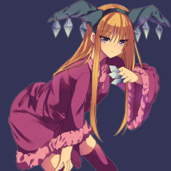 Rule 34 | 1girl, between fingers, blonde hair, blue background, brown eyes, crystal, duel monster, fake horns, hairband, hand on own thigh, hand on thigh, highres, holding, horns, jyon104, leaning forward, long sleeves, princess of tsurugi, simple background, solo, thighhighs, wide sleeves, yu-gi-oh!