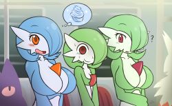 Rule 34 | 3girls, ?, alternate color, artist name, blue hair, blue skin, blush, bob cut, breast envy, breasts, closed mouth, collarbone, colored skin, creatures (company), cupcake, drooling, empty eyes, false smile, female focus, food, game freak, gardevoir, gen 1 pokemon, gen 3 pokemon, gengar, green hair, green skin, hair over one eye, hand up, happy, holding own arm, huge breasts, hungry, imagining, large breasts, lucy (jcdr), mouth drool, multicolored skin, multiple girls, nervous, nintendo, nougat (jcdr), one eye covered, open mouth, orange eyes, own hands together, pokemon, pokemon (creature), rakkuguy, red eyes, shiny and normal, shiny pokemon, short hair, signature, small breasts, smile, standing, sweat, tears, thought bubble, train interior, two-tone skin, upper body, v arms, white skin, wide-eyed, zangoose