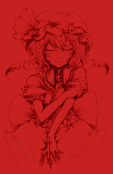 Rule 34 | 1girl, bad id, bad pixiv id, bat wings, blood, cross, dress, dripping, closed eyes, harusame (unmei no ikasumi), hat, monochrome, red background, remilia scarlet, short hair, smile, solo, touhou, wings