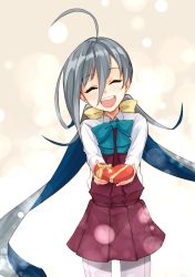Rule 34 | 10s, 1girl, :d, ahoge, aqua bow, aqua bowtie, ashiya hiro, bow, bowtie, candy, chocolate, chocolate heart, collar, dress, closed eyes, food, giving, grey hair, hair between eyes, hair bow, heart, highres, incoming gift, kantai collection, kiyoshimo (kancolle), long hair, long sleeves, looking at viewer, multicolored hair, open mouth, pantyhose, pink background, pink pantyhose, pleated dress, ponytail, purple dress, shirt, smile, solo, teeth, two-tone hair, valentine, white background, white shirt