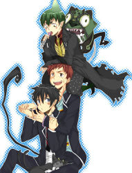 Rule 34 | 3boys, amaimon, ao no exorcist, bad id, bad pixiv id, black hair, blacky, brown hair, chain, fingerless gloves, gloves, holding another&#039;s arm, holding hands, kuro (ao no exorcist), male focus, multiple boys, multiple tails, necktie, okumura rin, pointy ears, saliva, shima renzou, shirt, striped necktie, striped neckwear, tail, uniform
