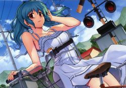 Rule 34 | 1girl, absurdres, alternate costume, aqua hair, bare shoulders, bicycle, blue sky, blush, building, cassie lockheart, cloud, cloudy sky, collarbone, day, dress, dutch angle, floating hair, freezing (series), hair intakes, hand on own head, highres, hill, huge filesize, kim kwang hyun, lips, lipstick, long hair, looking at viewer, makeup, nail polish, official art, outdoors, pink nails, power lines, railroad crossing, red eyes, ruffling hair, scan, sitting, sky, sleeveless, sleeveless dress, smile, solo, spaghetti strap, sundress, white dress, wind