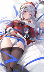 Rule 34 | 1girl, absurdres, black pantyhose, blue archive, breasts, character doll, clothes pull, commentary request, dasiu, grey hair, halo, hat, highres, large breasts, long hair, long sleeves, looking at viewer, mechanical halo, noa (blue archive), panties, pantyhose, pantyhose pull, pom pom (clothes), purple eyes, red hat, santa costume, santa hat, smile, solo, underwear, white panties, yuuka (blue archive)
