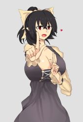 Rule 34 | 1girl, black hair, bow, breasts, dress, frills, hair bow, heart, highres, huge breasts, large bow, large breasts, looking at viewer, mucchan (myuunium), myuunium, original, ponytail, red eyes, solo